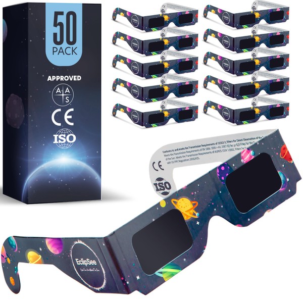 EclipSee Solar Eclipse Glasses (50 Pack) CE and ISO Certified,