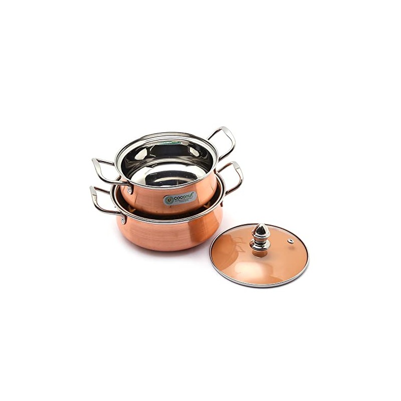 Coconut Royale Copper with Glass Lid Handi/Cookware Set (Stainless Steel,