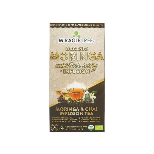 Miracle Tree's Moringa Energy Tea - Chai | Super Caffeinated Blend | Healthy Coffee Alternative, Perfect for Focus | Organic Certified & Non-GMO | 5 X 16 Pyramid Sachets