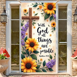 With God All Things are Possible Door Cover Decorations 3D Sunflower Door Banner Fall Religious Cross Front Door Covers Welcome Hanging Floral Backdrop Sign for Outdoor Indoor Holiday Supplies