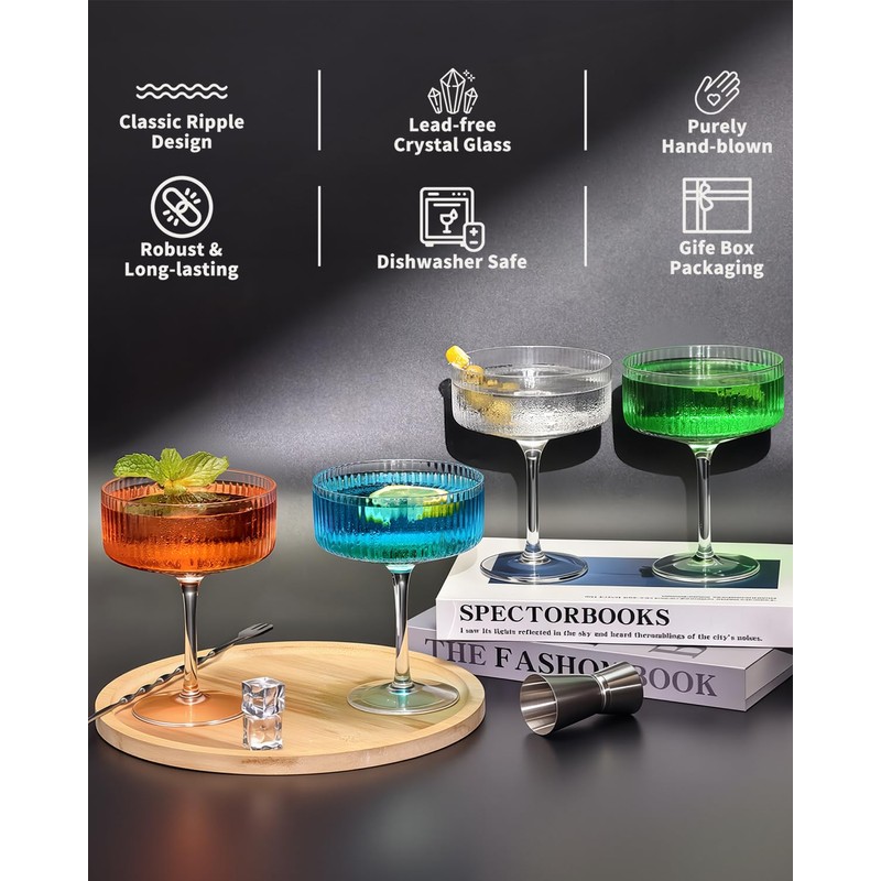 4 Pcs Coupe Glasses, Hand Blown 10 oz Cocktail Glasses,