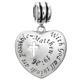 Queenberry Sterling Silver Christian Faith Cross With God All Things Are Possible European Style Dangle Bead Charm