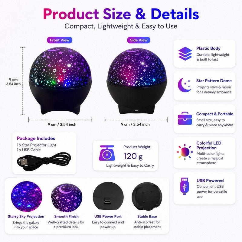 Star Galaxy Projector Night Light for Kids’ Rooms – USB