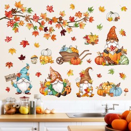 decalmile Thanksgiving Autumn Gnome Wall Decals Fall Maple Tree Branch Pumpkins Wall Stickers Bedroom Living Room Sofa TV Background Wall Decor