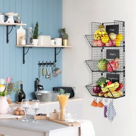 Epicano Metal Wire Basket Wall Mount,3-Tier Hanging Basket Fruit organizer with Removable Hooks Chalkboards, Rustic Fruit Vegetable Storage Bins for Kitchen Counter, Garage Or Bathroom(black)