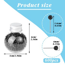 Pnytty 600pcs Sewing Pins Straight Pin for Fabric, 0.63in Quilting Pins, Small Straight Sewing Pins with Colored 4mm Ball Head for Decorating, Dressmaking and Sewing Project(Black)