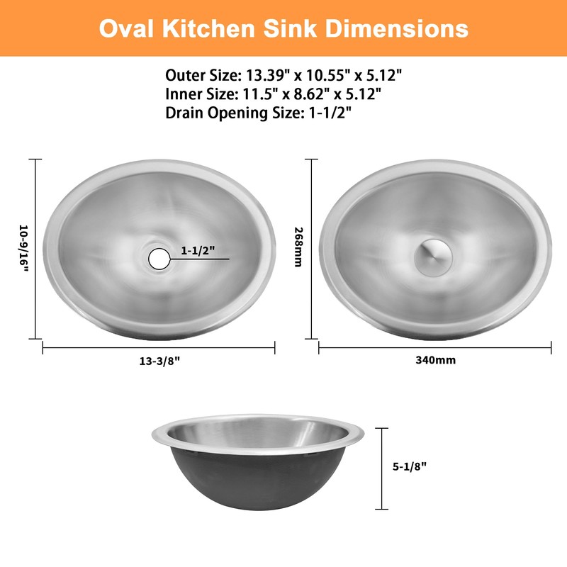 LQS Oval Stainless Steel RV Sink, 13.39" x 10.63" Small