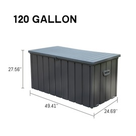 120 Gallon Outdoor Storage Box, Waterproof Resin Deck Box, Patio Storage Bin with Lockable Lid, Deck Storage Containers for Patio Furniture Cushions, Pool Accessories, Garden Tools - Dark Gray