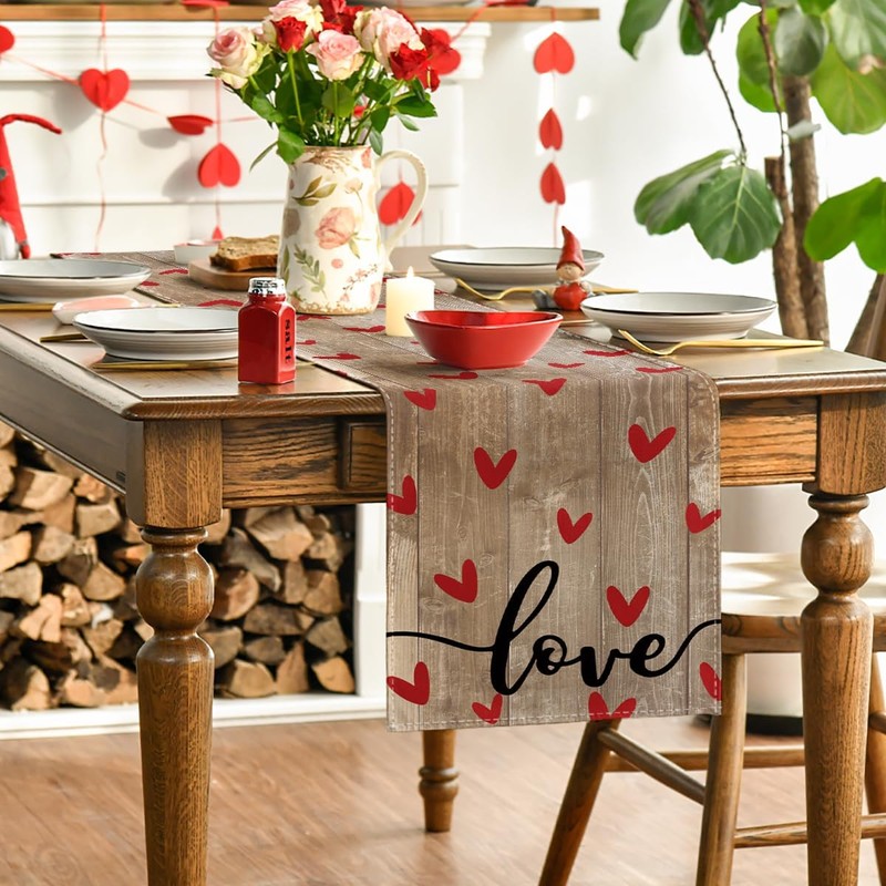 Artoid Mode Wood Love Valentine's Table Runner, Seasonal Anniversary Kitchen