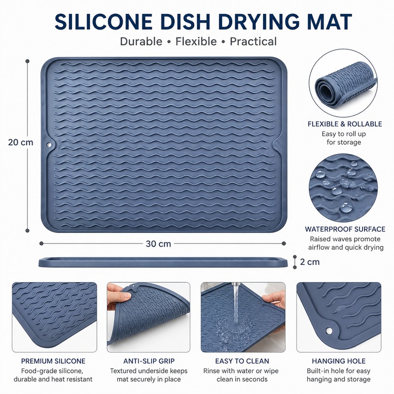 Silicone Dish Drying Mat for Kitchen Counters – Heat-Resistant Drip