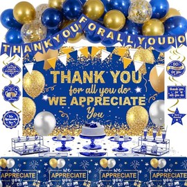 Employee Appreciation Decorations Blue and Gold Fathers Day Thank You for All You Do Banner Backdrop We Appreciate You Decorations, Teacher Professor Nurse Staff Retirement Office Party Decor