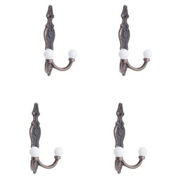 Knober 4 x Double Hooks | Wardrobe Hooks | Clothes Hooks | Vintage Style Iron | Antique Look | Black Ceramic Balls