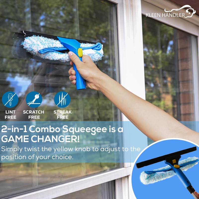 Kleen Handler Professional 2-in-1 Squeegee for Window Cleaning Tool Combo