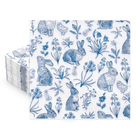 Whaline 50 Pcs Blue White Easter Paper Napkins Retro Bunny Rabbit Flower Disposable Napkins Chinoiserie Luncheon Dinner Napkins for Spring Wedding Birthday Party Table Supplies