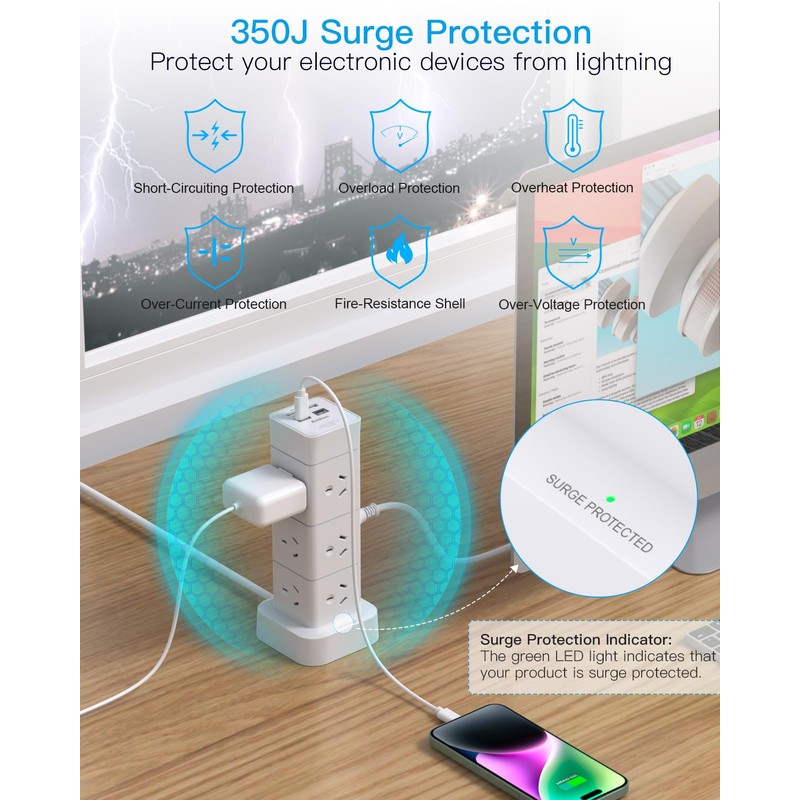 Power Board Surge Protected, Tower Power Strip with 12 AC