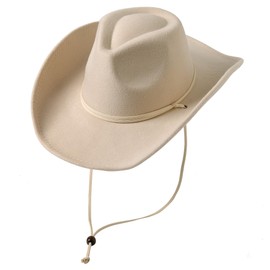 Lanzom Women Men Retro Felt Wide Brim Western Cowboy Cowgirl Hat Dress Up Hat with Wind Lanyard (Beige,Large)
