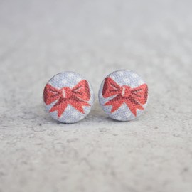 Pink Bow Fabric Button Earrings