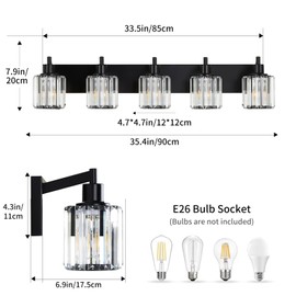 XIYOUVE Modern Crystal Vanity Light 5-Lights Modern Crystal Vanity Lights for Bathroom Black Crystal Bath Wall Light Fixtures Modern Black Crystal Bathroom Light Fixtures