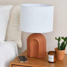Creative Co-Op Main + Mesa Carved Arch Stoneware Table Lamp with Linen Drum Shade, Terracotta