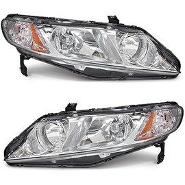Headlights Assembly Compatible with 2006-2011 Honda Civic 4-Door Sedan Headlamp Replacement for 2006-2011 Civic 4DR Chrome Housing with Amber Reflector