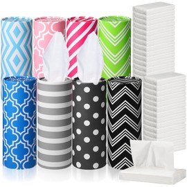 28 Packs Facial Tissues and 8 Pcs Car Tissue Holder Boxes 3 Ply Car Tissue Refills 50 Sheets Each Pack, Car Tissue Holder with Facial Tissues Bulk(Geometric Figure)
