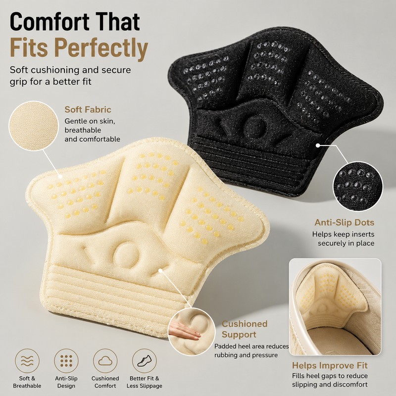 4-Pack Heel Cushion Inserts for Loose Shoes – Soft Fabric