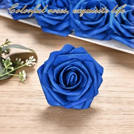 BLEUM CADE 16Pcs Artificial Flowers Fake Roses with Stems, Royal Blue Boxed Foam Roses for DIY Bouquets Centerpieces Wedding Party Arrangement Bridal Shower Decor