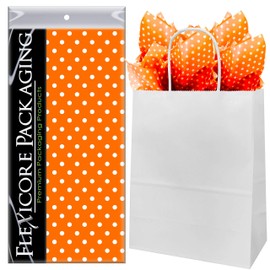 Flexicore Packaging White Kraft Paper Gift Bags & Orange Gift Wrap Tissue Paper | Size: 8 Inch X 4.75 Inch X 10.5 Inch | Count: 5 Bags | Color: Orange Polka Dot