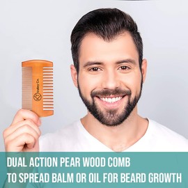 Handcrafted Pear Wood Beard Comb for Men - Fine and Coarse Tooth Grooming Tool for Detangling, Shaping and Styling Facial Hair - Natural Material for Nourishing and Conditioning - Ergonomic Design for Comfortable Use by KT Valley Co.