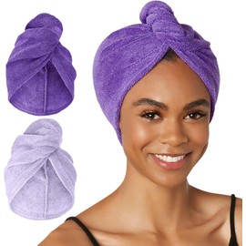 Turbie Twist Toalla de microfibra para el cabello para mujeres y hombres Paquete de 2 Accesorios esenciales para el baño Turbante de secado rápido para cabello rizado, largo y grueso (morado oscuro, morado claro)