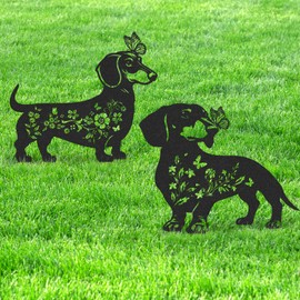 LIRAVENO Dachshund Garden Stakes Decorations - 2 Pcs Metal Dog Lover Statues Set Decor for Yard Black Butterfly Gifts Silhouette Lawn Ornaments Outdoor Cute Art Flowers Patio Signs Animals Sculpture