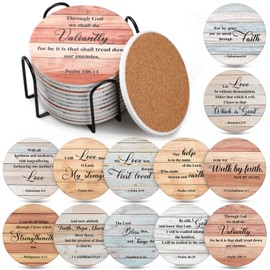 Hushee 12 Pcs Ceramic Drink Coaster with 1 Holder Holiday Cup Coasters Absorbent Coasters with Cork Backing for Home Table Protection Wine Cups Coffee Bar Party Gifts(Bible Style)