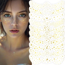Wugbc Gold Glitter Freckles Face Tattoo 10 Styles, Face Glitter Sparkle Freckles Makeup Patches for Women Festival Rave Outfits Christmas Metallic Fake Freckle Waterproof Temporary Tattoos Sticker