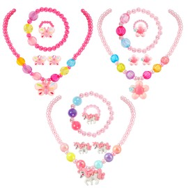 BTHRORO Children's Jewellery Set Girls 15 Pieces Unicorn Flowers Necklace Bracelet Children's Rings Ear Clips Hair Accessories Princess Jewellery Toy Set for Girls Birthday Party Bag, Plastic