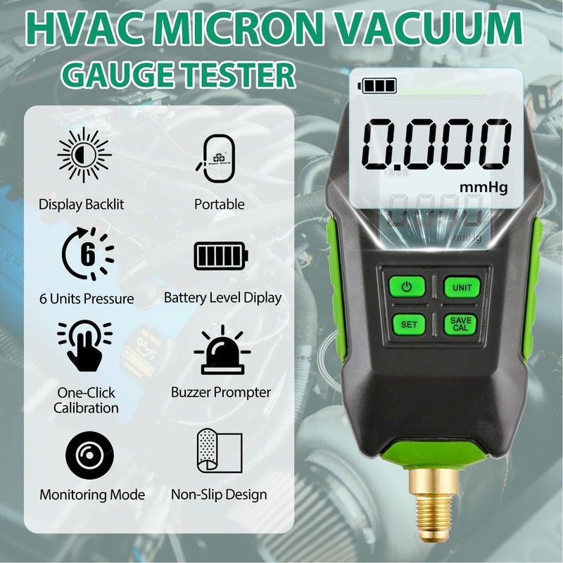 Digital Vacuum Tester, Professional Accuracy, Large Screen Display, 1/16 Inch