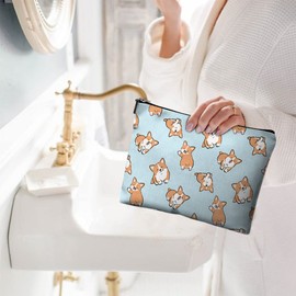 Givotin Small Makeup Bag for Purse Cute Canvas Waterproof Cosmetic Bags for Women Zipper Travel Toiletry Pouch, Corgi Makeup Bags, Size: 10"W x 7"H. Hold All Your Necessities, Corgi Cosmetic Bags