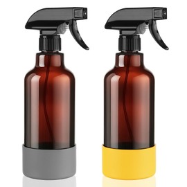Hethyo Glass Spray Bottles with Silicone Sleeve 16.9oz 2 Pack Empty Spray Bottle for Hair Mist/Stream Spraying for Cleaning Solutions, Plants, Essential Oils (Brown-grey&yellow)