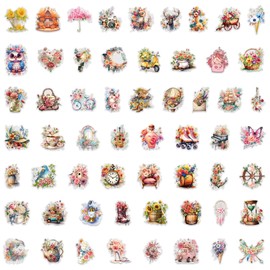 Vintage Watercolor Stickers 60 Pcs Watercolor Floral & Cute Elements Stickers for Kids,Waterproof PET Decals for Scrapbooking,Journaling & DIY Crafts