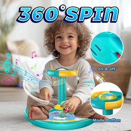 Ocean Sit and Spin Toys for Toddlers 1-3,360° Rotation Sit n Spin,LED Light & Enlightenment Music,Ideal Birthday for Boy/Girl with 3PCS Suction Cup Spinner Toys（Blue）