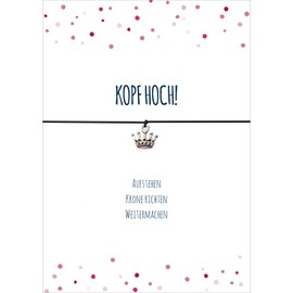 Glücksschmiedin - Motivational Bracelet Head High in Black with Silver-Coloured Crown Pendant and Saying Card, Handmade Locally, Metal