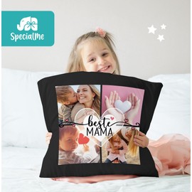 SpecialMe® Cushion Cover Photo Cushion Collage up to 4 Pictures and Desired Text Photo Gift Best Mum Decorative Cushion Cotton Black Standard