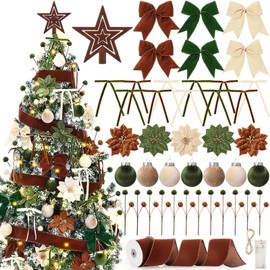 57 Pcs Christmas Velvet Ornament Kit 12 2.4" Velvet Balls 24 4.7" 5.9" Bow 6 4.7" Poinsettia 5.5 Yds Wide Ribbon Star Topper Lights 12 Picks for Xmas Tree Holiday Decor(Beige,Dark Green,Brown)