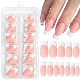 Lifextol 216PC White French Tip Press on Nails medium Fake Nails Press ons with 10*Adhesive Tab, Pink Square Acrylic Nail Press on Nails French Tip Nail False Artificial Fingernail Matte Stick on Nail