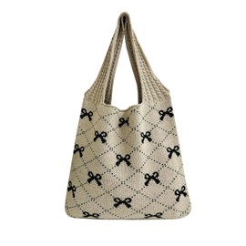 TEBIEKOY Crochet Tote Bag for Women, Bow Aesthetic Knitted Boho Shoulder Handbag, Cute Travel Tote, Beige
