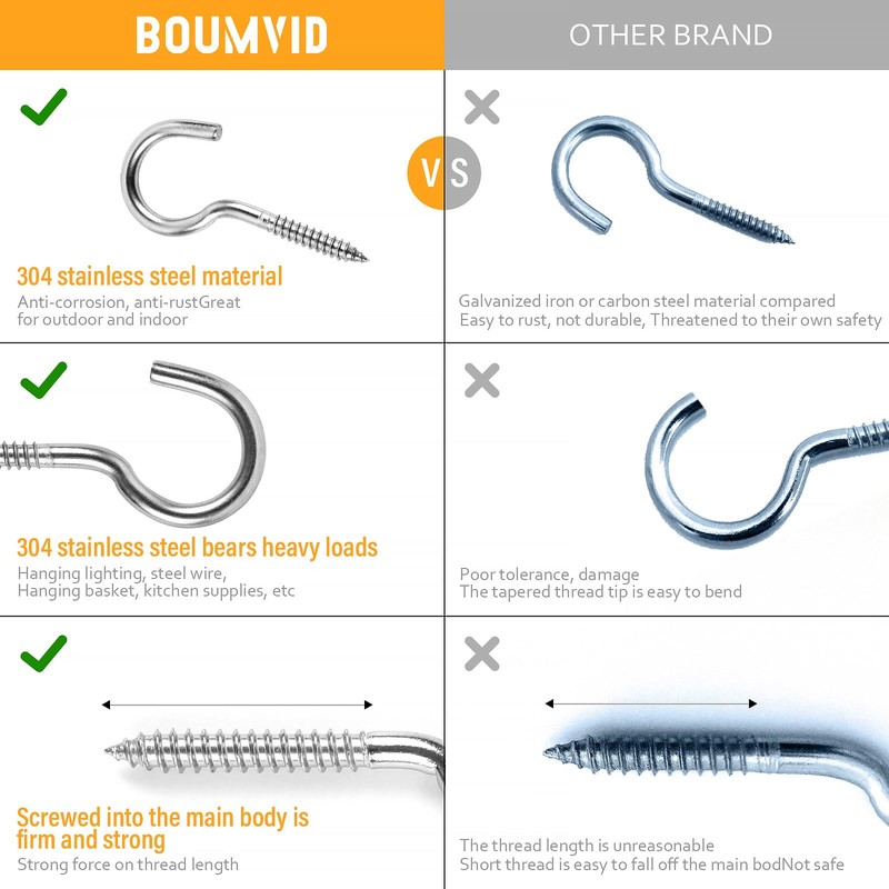 BOUMVID Pack of 10 Screw Hooks, Stainless Steel, Ceiling Hook,