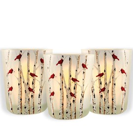 Cardinals Christmas Lighted Candle Holders - Cardinals on Birch Branches on Frosted Glass - Holiday Candleholders - Set of 3 Holders with LED Candles - 2.75" H X 2.25" W