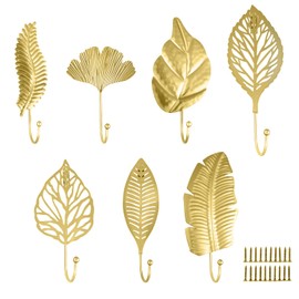 IUMLXJO 7pcs Leaves Wall Hooks for Hanging Heavy Duty, Gold Iron Decorative Hooks for Coat Towel Hat Wall Mount Hangers Racks for Bathroom, Kitchen, Door, Wardrobe, Farmhouse (Include Screws)