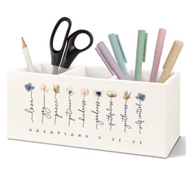 SNNDER Fruit of the Spirit Pen Holder for Desk, Religious Christian Gifts for Women, Floral Christian Bible Verses Wooden Pen Pencil Holder Organizer for Home Office Desk Accessories