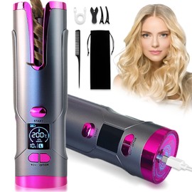 Automatic Rotating Curling Iron, Cordless Beach Waves Curling Iron, Auto Hair Curler Wand for Long Hair, Ceramic Travel Curling Wand Iron Rechargeable, 500 Million Ionic, Auto Shut-Off & Anti-Tangle