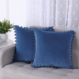 LinTimes Cushion Covers 50cm x 50cm Velvet Pillow Covers with Pompom Decorative Sqare Throw Pillow Case for Sofa Chair Bedroom Car, Navy